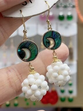 Gold Accent Drop Earrings with White Bead Cluster and Abalone, length 2 Inches